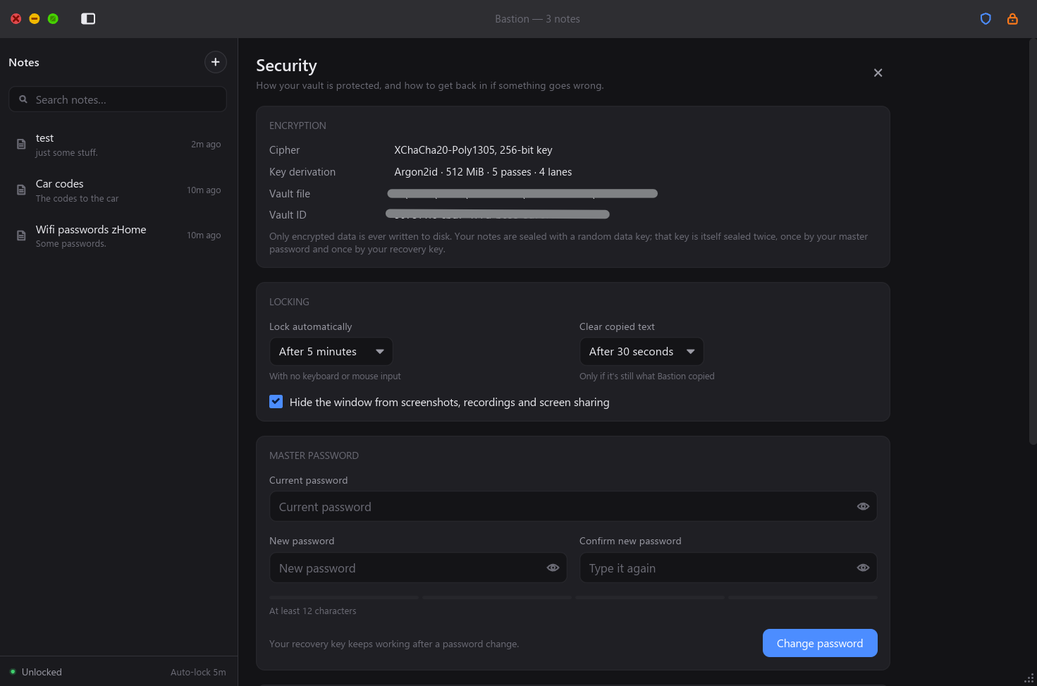 Bastion showing its notes sidebar and the Security panel with encryption, auto-lock and clipboard settings